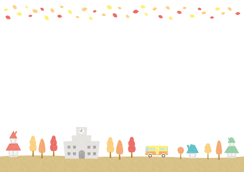秋の街並み背景イラスト、紅葉した葉と学校 秋,背景,フレーム,街並み,おしゃれ,手描き,デザイン,家,学校,車のイラスト素材