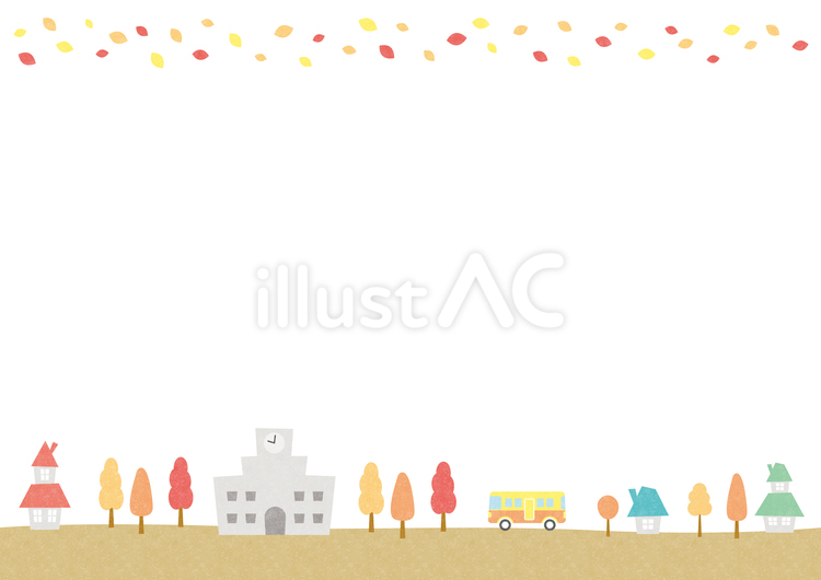 秋の街並み背景イラスト、紅葉した葉と学校 秋,背景,フレームのイラスト素材