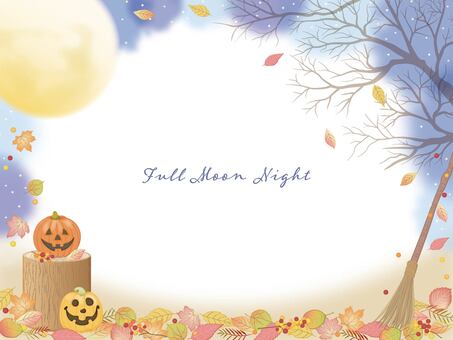 満月とカボチャの秋フレーム4 紅葉,ハロウィン,秋,かぼちゃ,満月,ジャックオーランタン,月,ほうき,収穫祭,木の実のイラスト素材