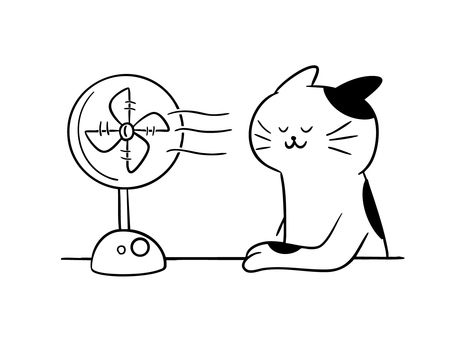 扇風機の風にあたる猫（モノクロ） 扇風機,風,送風,電化製品,家電,涼しい,涼む,夏,猫,暮らしのイラスト素材