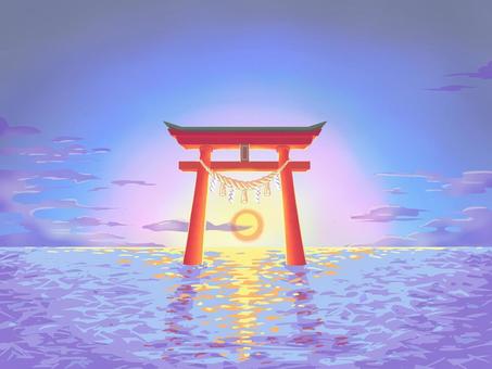 初日の出と鳥居小　静青 鳥居,正月,綺麗,赤,しめ縄,初日の出,朝日,海,雲,波のイラスト素材