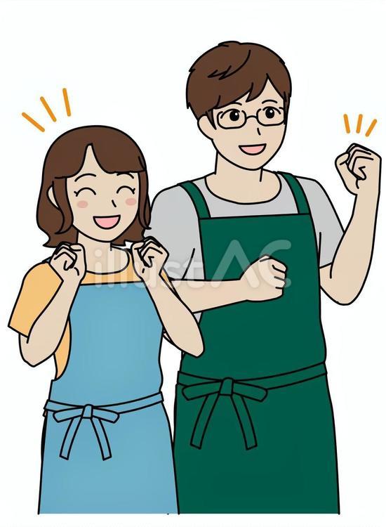 エプロンを付けた男女　喜ぶ 男性,女性,主婦のイラスト素材