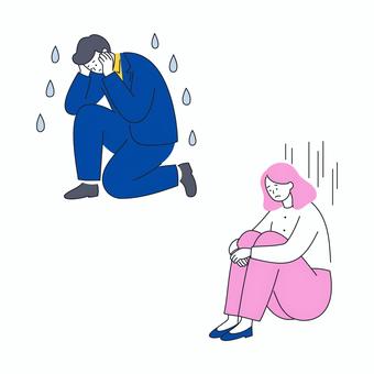 激しく落ち込むビジネス男女のイラスト 人物,男女,落ち込み,悲しみ,不安,ストレス,座る,悩み,孤独,メンタルのイラスト素材