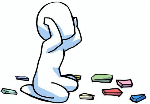 小さなことを積み上げられない人 諦め,失敗,困る,投げ出す,散らかる,煩雑,シンプル,棒人間のイラスト素材