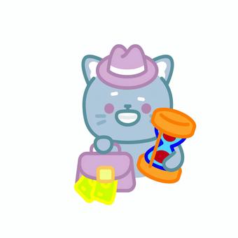 イラスト0123 ねこ,キャット,かわいい,キャラクター,動物,グレーの猫,帽子,カバン,お金,砂時計のイラスト素材
