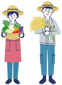 農家さん 農家,夫婦,カップル,野菜,仕事,米,カゴ,にんじん,ナス,キャベツのイラスト素材