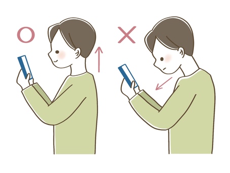 スマホ首の男性　ビフォーアフター 人物,男,ゆるい,手書き,挿絵,スマホ首,現代病,ストレートネック,前傾,姿勢のイラスト素材