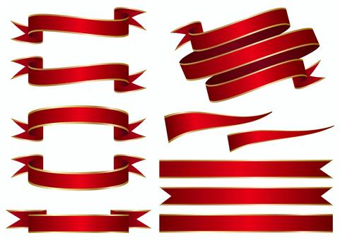 金縁のリボンセット　赤 リボン,帯,フレーム,タイトル,飾り枠,装飾,プレゼント,ギフト,見出し,バナーのイラスト素材