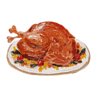 クリスマスの鳥の丸焼き料理 ロースト,丸鶏料理,ごちそう,食卓,メインディッシュ,厚塗り,油絵風,手描き,絵具タッチ,皿のイラスト素材