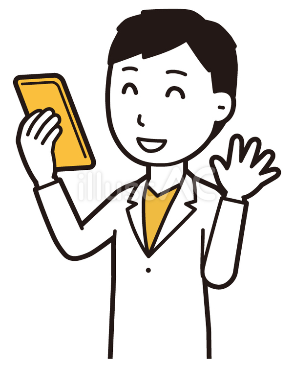  男性医師白衣(黄)-025-バスト スマホ,笑顔,医者のイラスト素材