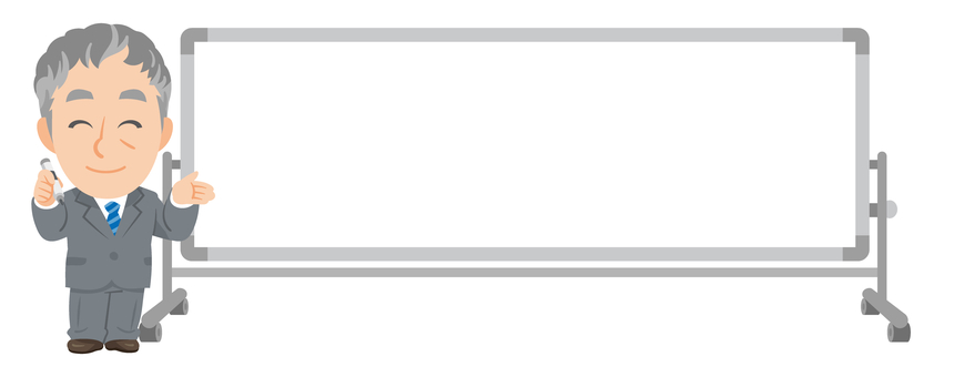 白板傍でペンと手で促す年配ビジネスマン① 先生,教師,教員,指導員,スーツ,仕事着,ビジネス,会社,社会人,促すのイラスト素材
