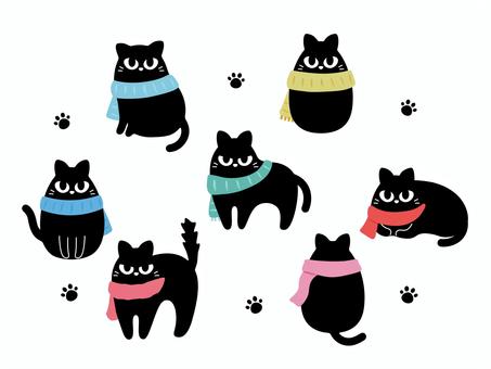マフラーを巻いた猫たちセット 黒猫,猫,セット,マフラー,冬,動物,ペット,ポーズ,足跡,子猫のイラスト素材