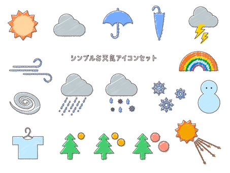 落書き風お天気アイコンセット 天気,天気予報,お絵かき,落書き,太陽,塗り絵,子供,晴れ,雨,虹のイラスト素材