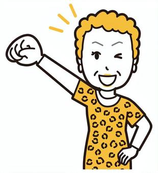  大阪のおばちゃん(黄)-148-バスト 応援,おばちゃん,大阪,ヒョウ柄,おばはん,中年,女性,関西,派手,おばさんのイラスト素材