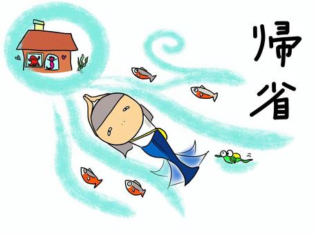 家に帰る（文字あり） おかっぱ,女の子,泳ぐ,家,帰る,帰省,鮭のイラスト素材