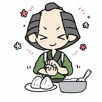 おにぎりを握る笑顔の町民 町民,おにぎり,笑顔,握る,うれしい,楽しみ,にこにこ,期待,気持ち,込めるのイラスト素材