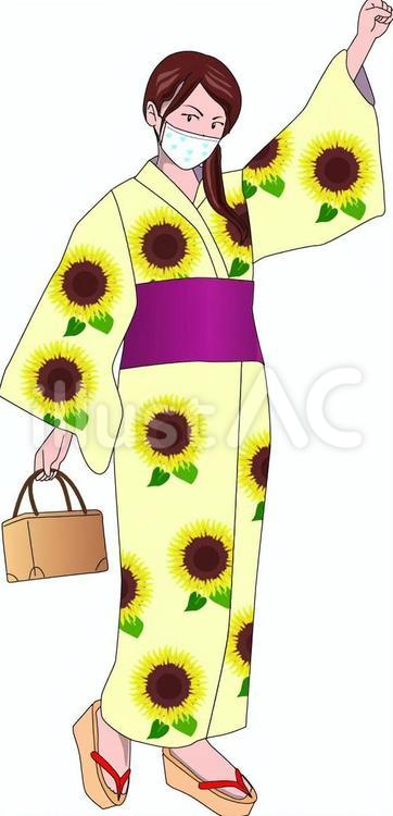 元気　ゴー　女性　マスク　浴衣　ひまわり 元気,ゴー,女性のイラスト素材