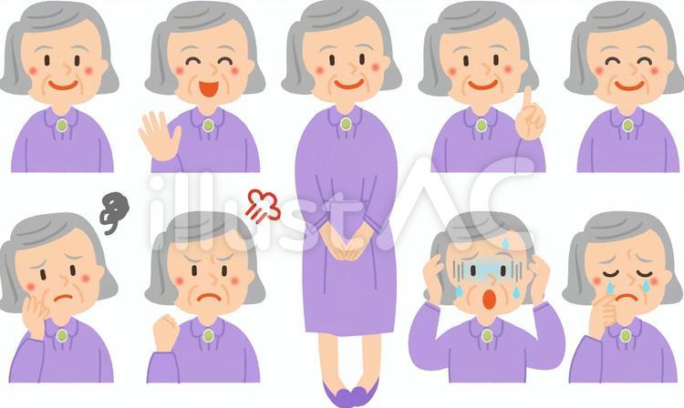 おばあさんの表情いろいろ おばあさん,表情,喜怒哀楽のイラスト素材