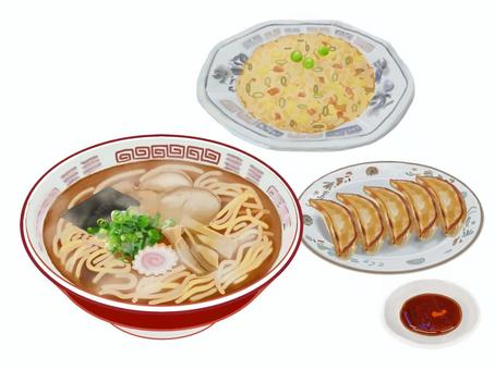 中華３点セット6（たれ付き） ラーメン,チャーハン,炒飯,ギョーザ,餃子,タレ,中華料理,中華料理店,主食,ご飯のイラスト素材