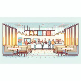 Illustration, fast-food, loja, cong vendedor, 