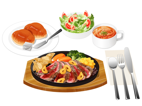 ガーリックステーキセット2 ステーキセット,ガーリックステーキ,ファミレス,料理,食べ物,ステーキ,オニオンスープ,サラダ,バターロール,バターのイラスト素材