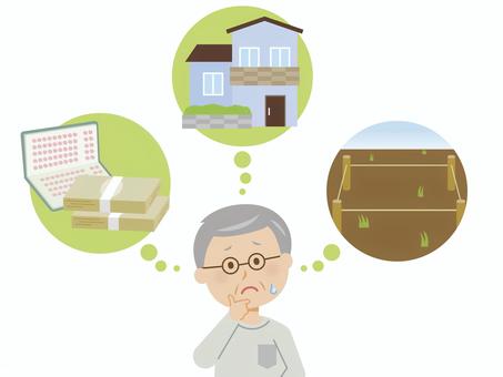 相続手続きで悩むおじいさん 相続,遺産,終活,遺産相続,住宅,家,土地,持ち家,空き地,おじいさんのイラスト素材