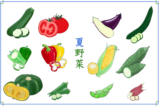 夏野菜セット 食べ物,野菜,夏野菜,食材,緑黄色野菜,きゅうり,トマト,ナス,ズッキーニ,ピーマンのイラスト素材