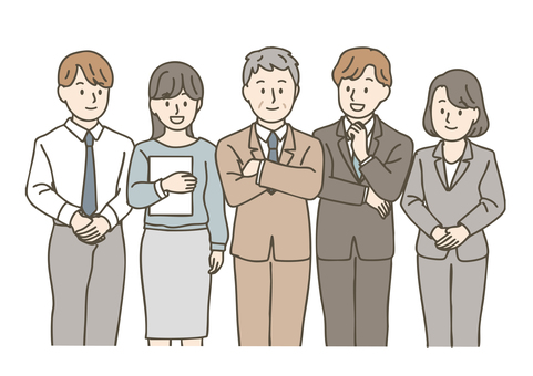 リーダーが中年男性のビジネスチーム ビジネス,チーム,スーツ,ビジネスマン,ビジネスウーマン,会社員,社会人,リーダー,管理職,上司のイラスト素材