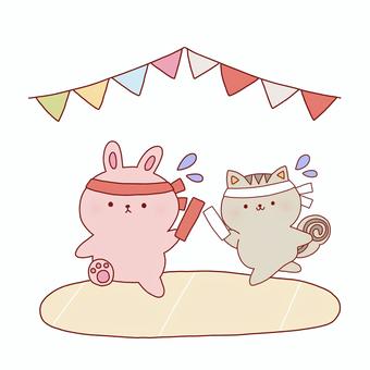徒競走 運動会,徒競走,うさぎ,リス,スポーツ,秋,動物,線画,可愛い,ゆるいのイラスト素材