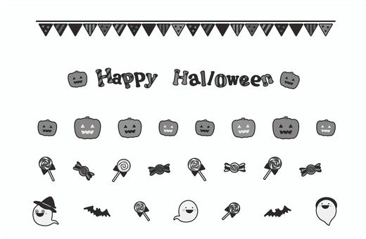 ハロウィンラインセット（モノクロ） ハロウィン,ライン,セット,モノクロ,かぼちゃ,ジャックオーランタン,キャンディ,飴,オバケ,コウモリのイラスト素材