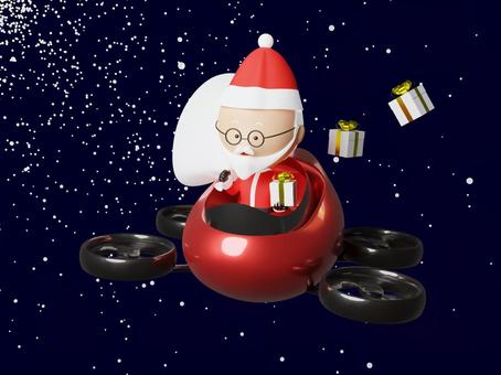 空飛ぶ車でプレゼントを配る近未来サンタ プレゼントボックス,おじさん,クリスマス,プレゼント,雪,夜,ゆるい,メガネ,空飛ぶ車,ドローンのイラスト素材