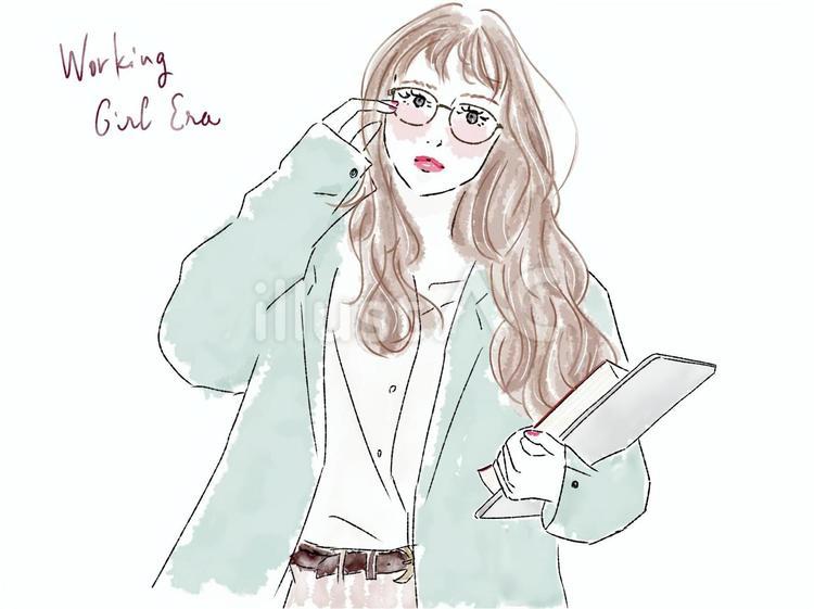 本とPCを持つジャケットのおしゃれな女性 女性,pc,ロングヘアのイラスト素材