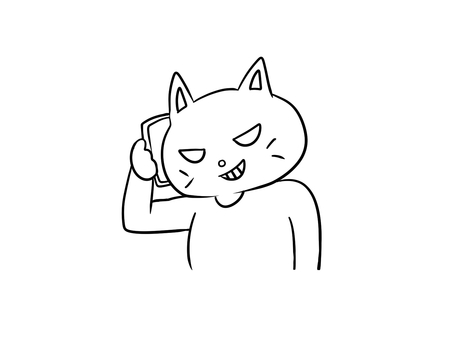 電話をしている怪しい猫の白黒イラスト 猫,怪しい,電話,スマホ,詐欺,オレオレ詐欺,悪,悪者,白黒,線画のイラスト素材