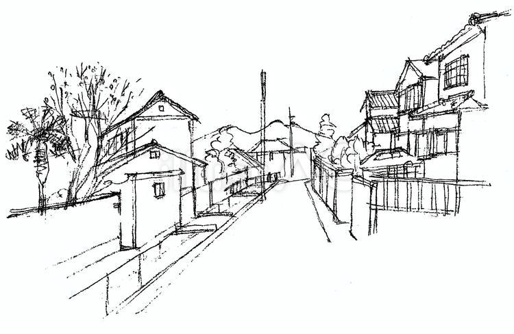 住宅街のスケッチ（線） 装飾,飾り,素材のイラスト素材
