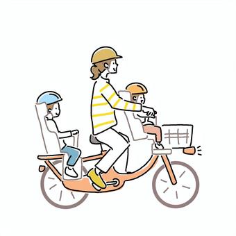 自転車前後に子供を乗せて走るママイラスト 自転車,子供,チャイルドシート,親子,ママ,お母さん,3人乗り,ヘルメット,かぶる,着用のイラスト素材