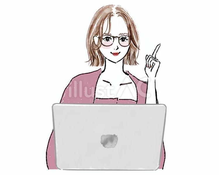 人差し指で示すボブの眼鏡の女性　PC 女性,仕事,めがねのイラスト素材