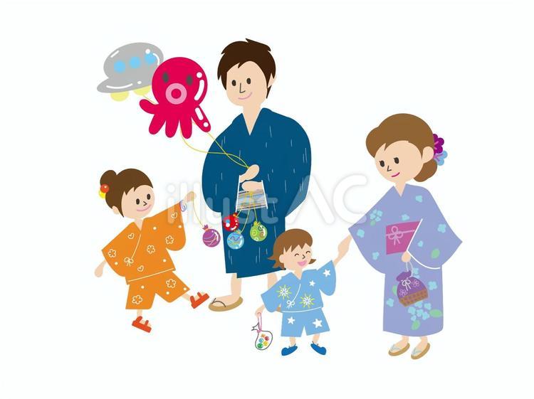 夏祭りを浴衣で楽しむ親子 お祭り,ヨーヨー,スーパーボールのイラスト素材