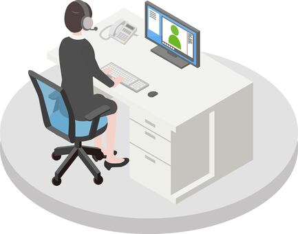 アイソメトリック_働く人⑤-10 アイソメトリック,オフィス,女性,ミーティング,ヘッドセット,オペレーター,会社員,オンライン,オフィスワーク,働くのイラスト素材