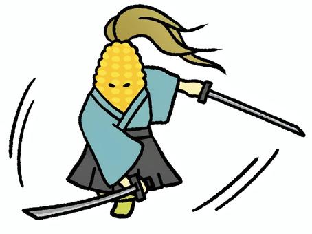 二刀流で切るとうもろこしのお侍 二刀流,切る,とうもろこし,侍,武士,手描き,ゆるい,かわいい,擬人化,ひげのイラスト素材