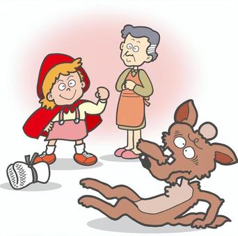 強い赤ずきん 赤ずきん,オオカミ,おばあさん,コミカル,かわいい,ユーモラス,一コマ漫画,空想,ギャグ,おもしろいのイラスト素材