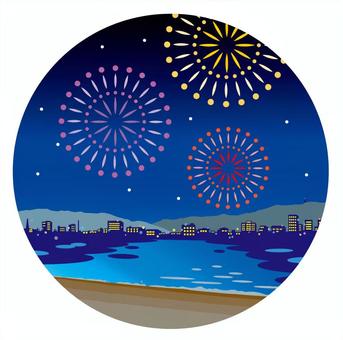 花火（海の街）03_25 花火,はなび,アイコン,イラスト,海,夏,7月,8月,花火大会,打ち上げ花火のイラスト素材