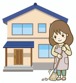 家の前を掃き掃除する女性_25 掃除,女性,大掃除,清掃,家事,片付け,エプロン,家,自宅,マイホームのイラスト素材