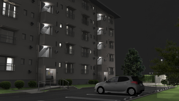 団地(北側２・夜) 団地,集合住宅,外観,背景,建物,階段室,バルコニー,公団住宅,市営住宅,都営住宅のイラスト素材