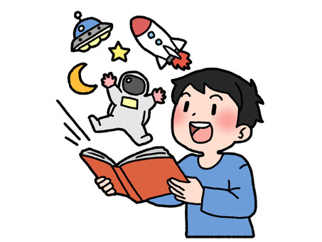 宇宙に興味が 宇宙,宇宙飛行士,未確認飛行物体,少年,本,スペースシャトル,天文学のイラスト素材