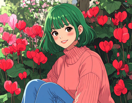 シクラメンの花に囲まれて