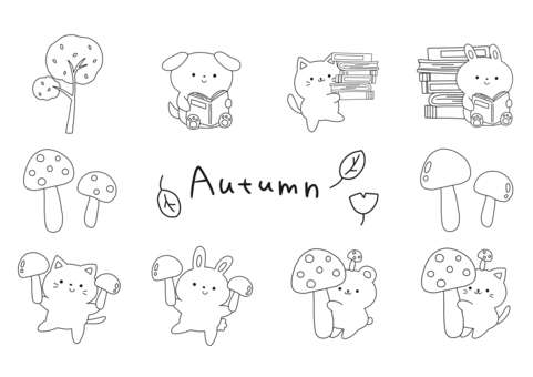 秋セット 秋,くま,猫,犬,うさぎ,キノコ,本,木,動物,モノクロのイラスト素材