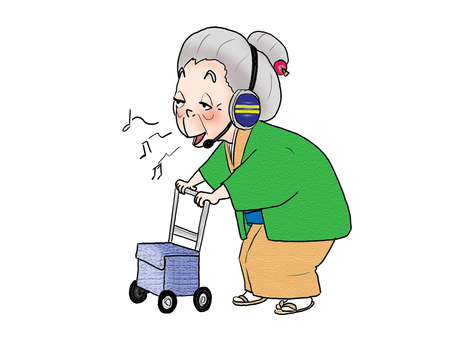 いつもインカムで歌っちょるよ 人物,大人,女性,高齢者,おばあちゃん,インカム,カラオケ,鼻歌,手押し車,着物のイラスト素材