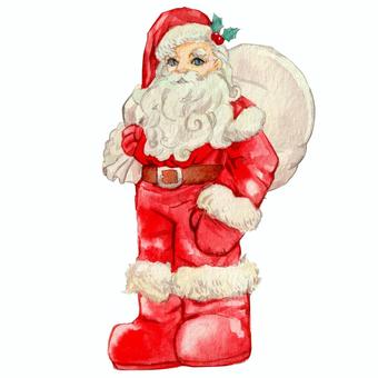 【水彩】クリスマス☆サンタクロース サンタクロース,サンタ,キャラクター,人物,アイコン,プレゼントバッグ,ヒイラギ,クリスマス,メリークリスマス,xmasのイラスト素材