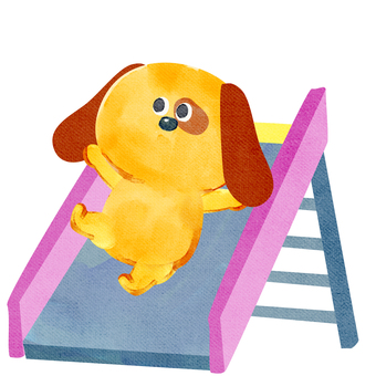 水彩画_滑り台を滑る犬_01 犬,動物,手描き,水彩画,水彩,水彩風,水彩画風,遊具,すべる,滑り台のイラスト素材