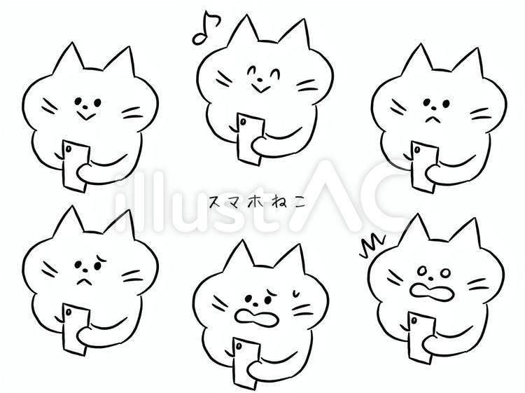 ぬりえ、スマホねこ ねこ,猫,動物のイラスト素材